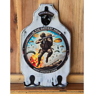 Paratrooper Military Wall Mount Plaque, Vintage Look, Wood, Bottle Opener, Hooks